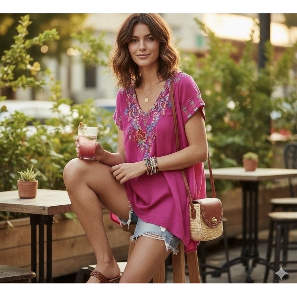 Johnny Was Hinga Tunic Pink Embroidered V-Neck Handkerchief Hem Top Sz XL